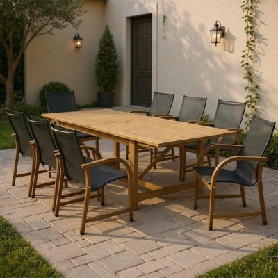 Amazonia Franklin 9-Piece Rectangular Extendable Patio Dining Set Teak Finish and Weather-Net Technology Ideal for Outdoors and Indoors