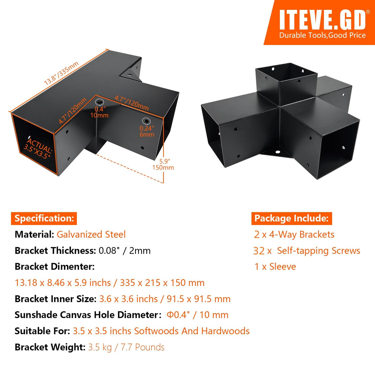 ITeVe.GD Pergola DIY Kit,2 Pcs 4-Way Right Angle Corner Brackets Elevated Wood Stand with Screws for 4"x4"(Inner Size:3.5"x3.5") Wood Beams,Pergola,Garden,sunroom kit Lumber&Metal Gazebo… ITeVe.GD