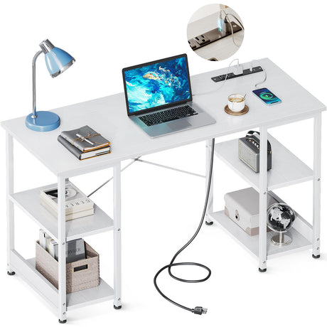 AODK 40 Inch Small Writing Desk with Power Outlets & USB Charging Port, Computer Desk for Small Spaces Home Office, Student Laptop PC Desks with Storage Shelves, Kids Desk, White AODK