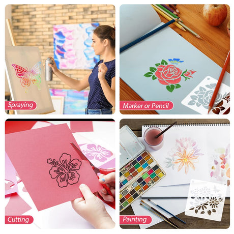 50 PCS Flower Painting Stencils Reusable Flower Stencils for Painting on Wood Rocks Canvas Fabric Glass Pottery 4x4 Inch CH HAICHENG