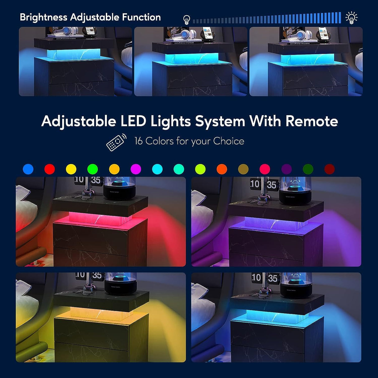 Royard Oaktree LED Nightstand with 2 Storage Drawers, Modern Bedside Table with Marble Grain Finish, 2-Tier Wood End Tables with LED Light for Bedroom/Living Room, Black Gold Royard Oaktree