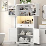 Loomie 72" Farmhouse Kitchen Pantry Cabinet With LED, Operation Table & Power Outlet, Tall Storage With Drawer, Adjustable Shelves for Dining Room (White) Loomie