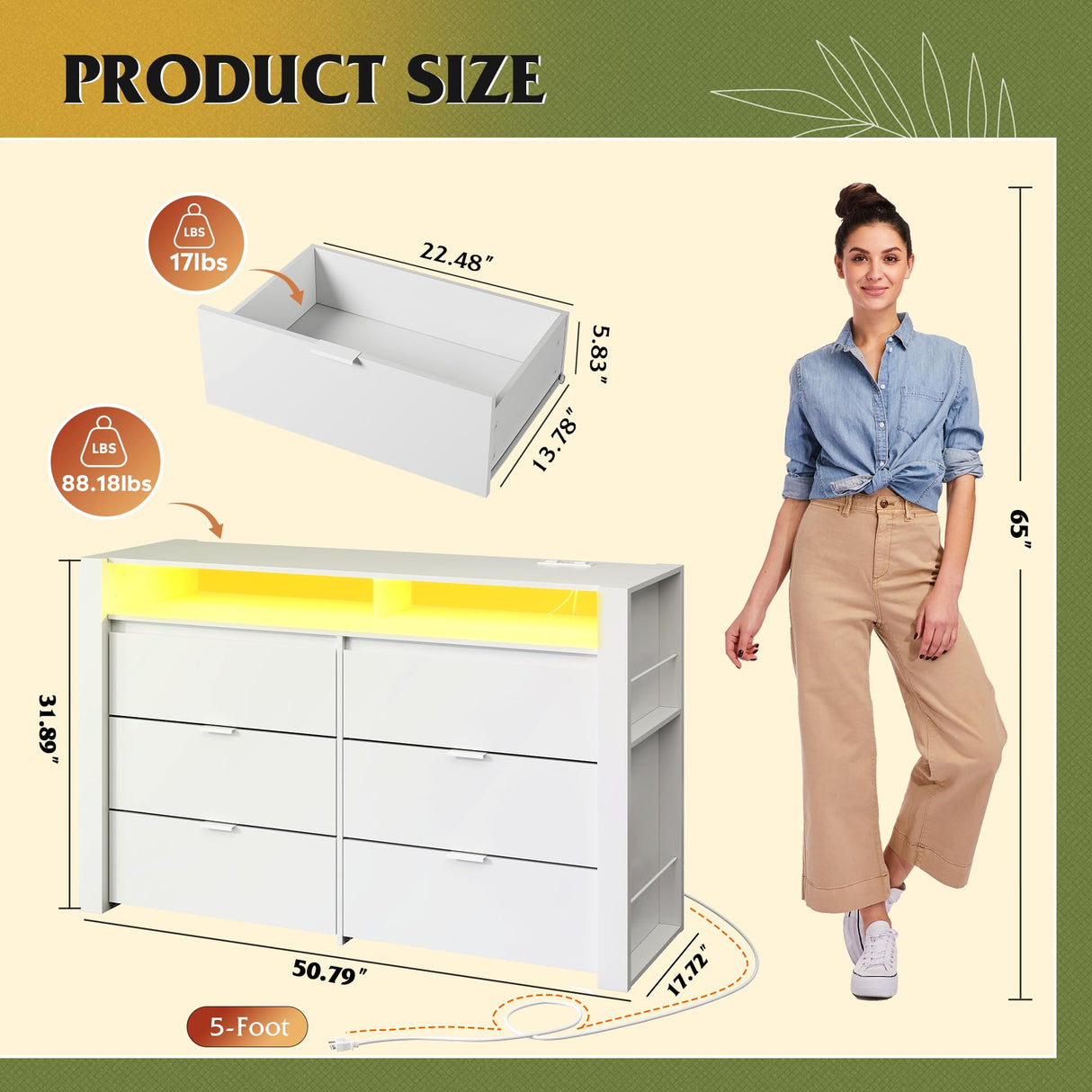 WLIVE 6 Drawer Led Dresser for Bedroom, 50.79'' White Wood Dresser Storage Organizer with Power Outlets for 55'' TV, Dressers with Open Shelves, Hanging Rack, Chest of Drawers for Closet, Living Room WLIVE