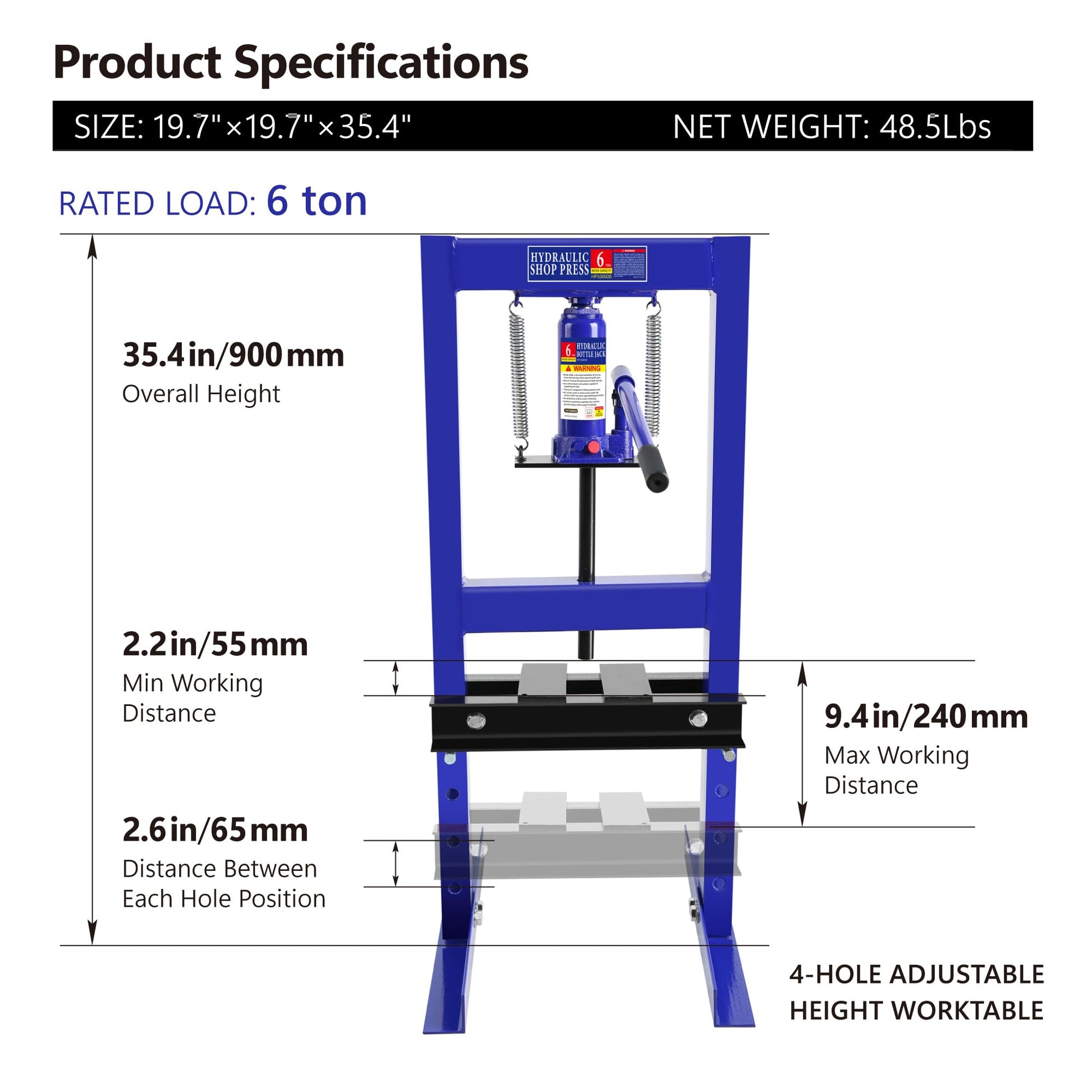 6 Ton Hydraulic Press, H-Frame Garage Floor Adjustable Shop Press with Stamping Plates to Bend, Straighten, Or Press Parts, Install Bearings & U-Joints - WoodArtSupply