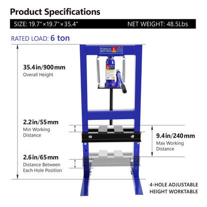 6 Ton Hydraulic Press, H-Frame Garage Floor Adjustable Shop Press with Stamping Plates to Bend, Straighten, Or Press Parts, Install Bearings & U-Joints - WoodArtSupply