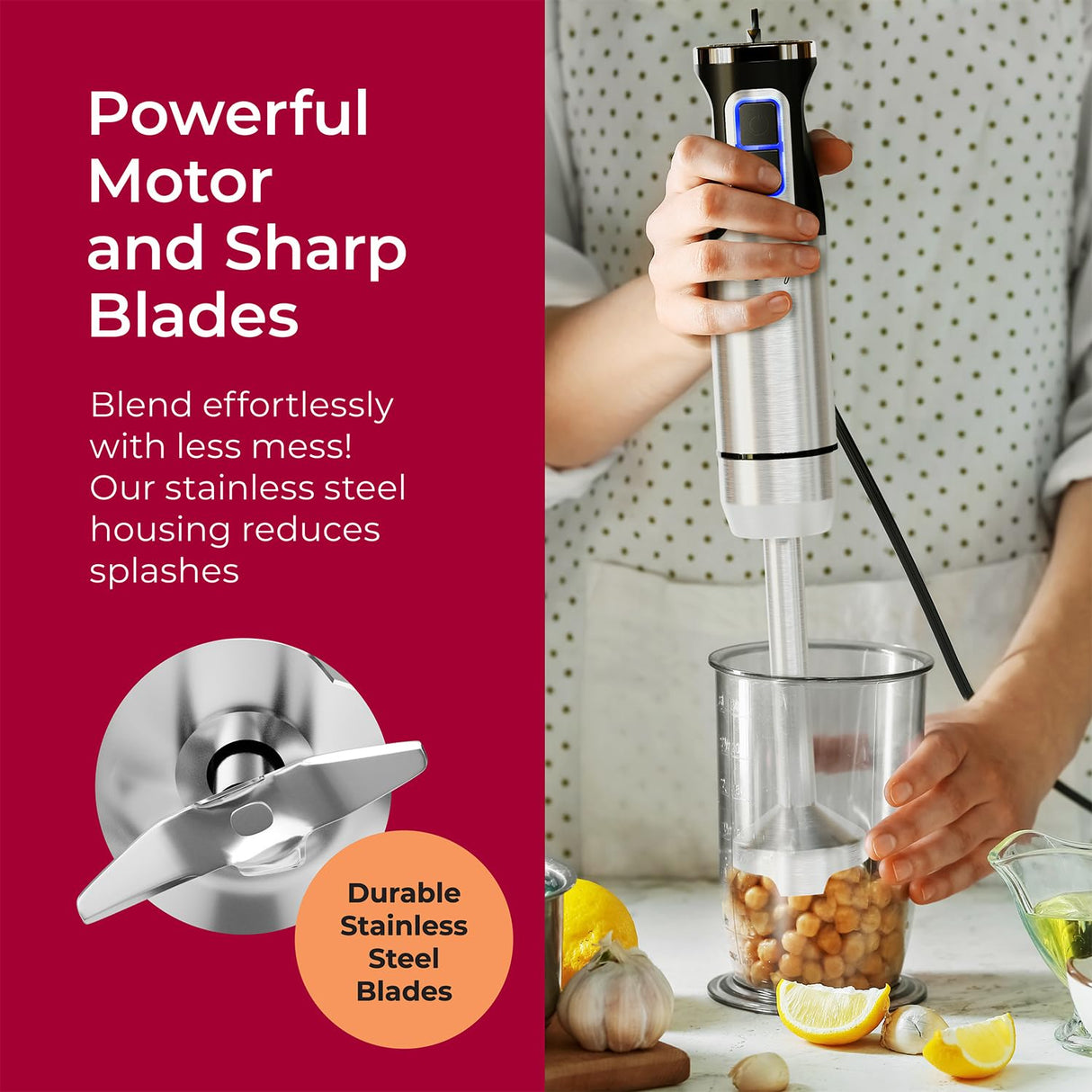 Mueller Immersion Blender Handheld - 8 Speed Stainless Steel Electric Hand Blender, 3 in 1 Emulsion Blender Handheld with Turbo Mode, Stick Blender Emulsifier for Kitchen for Soup, Smoothie, Puree Mueller