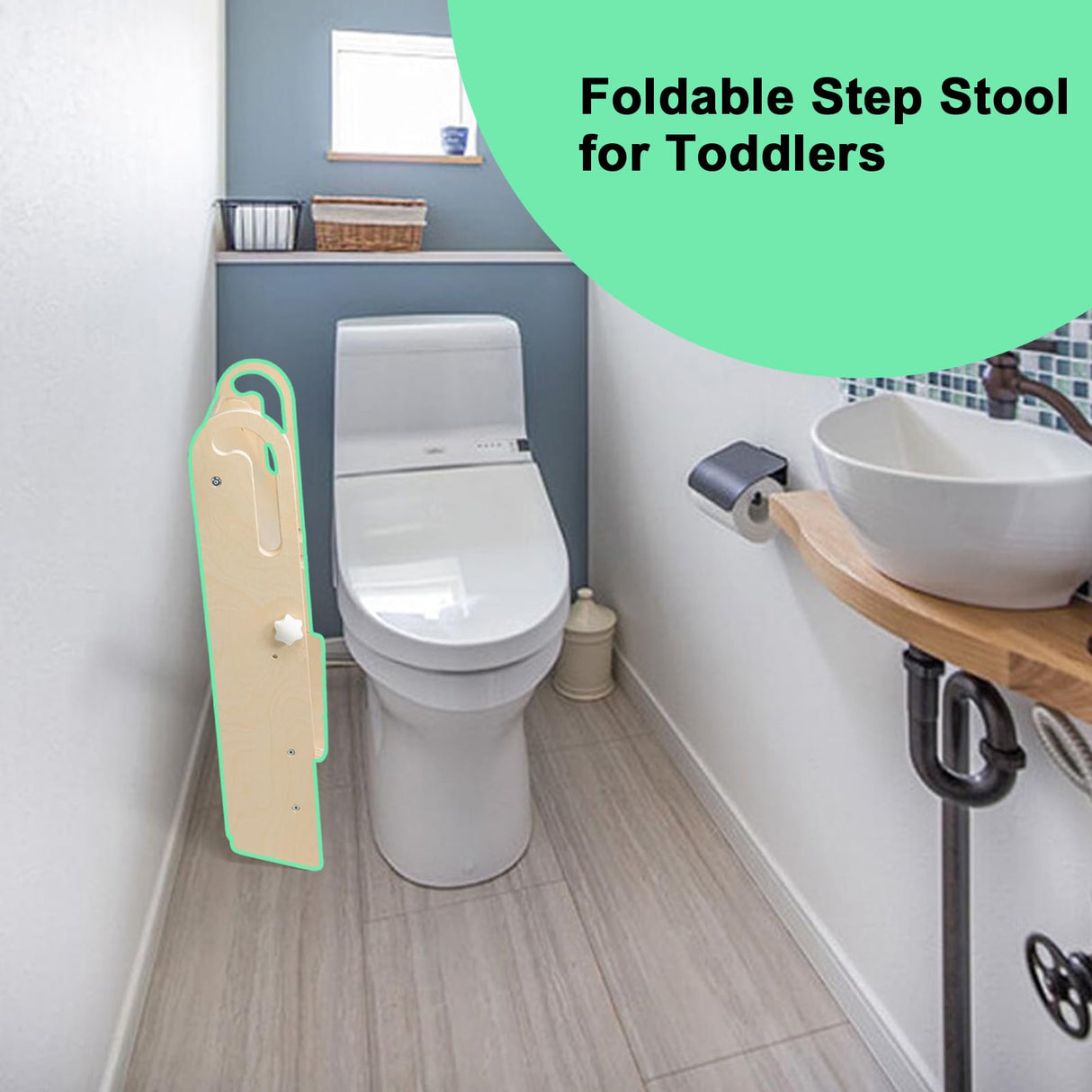 WOOD CITY Toddler Step Stool Foldable for Bathroom Sink, Adjustable 2 Step Stool for Kids Toilet Potty Training Stool with Handles,Child Kitchen Counter Stool Helper, Montessori Kitchen Stools WOOD CITY