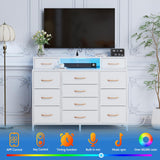 Furnulem White Dresser for Bedroom with LED Lights & Charging Station,47" Long Chests with 12 Fabric Storage Drawers,Wide Vanity Dressers Furniture for Closet,Entryway,2 Shelves Wood Top,Metal Frame Furnulem