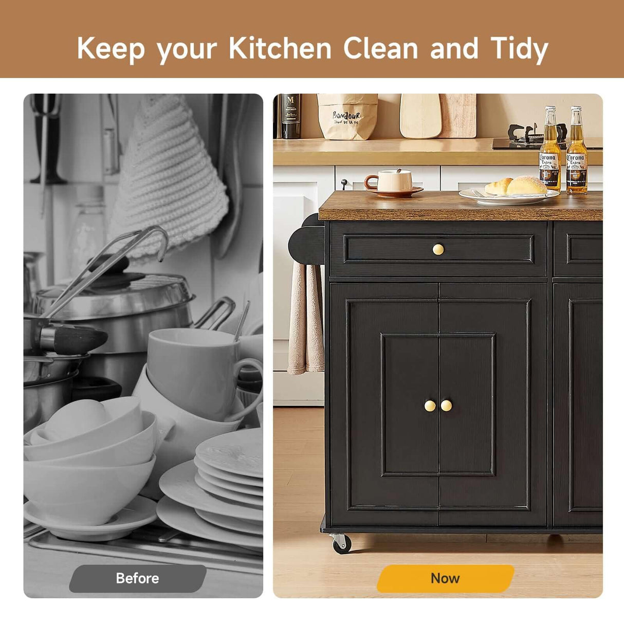 ONBRILL 58" Mobile Kitchen Island, Kitchen Island Cart with Power Outlet, Island Table for Kitchen, Home Bar Carts with Storage, Kitchen Rolling Island with Spice Rack & Towel Rack & Knife Holder ONBRILL