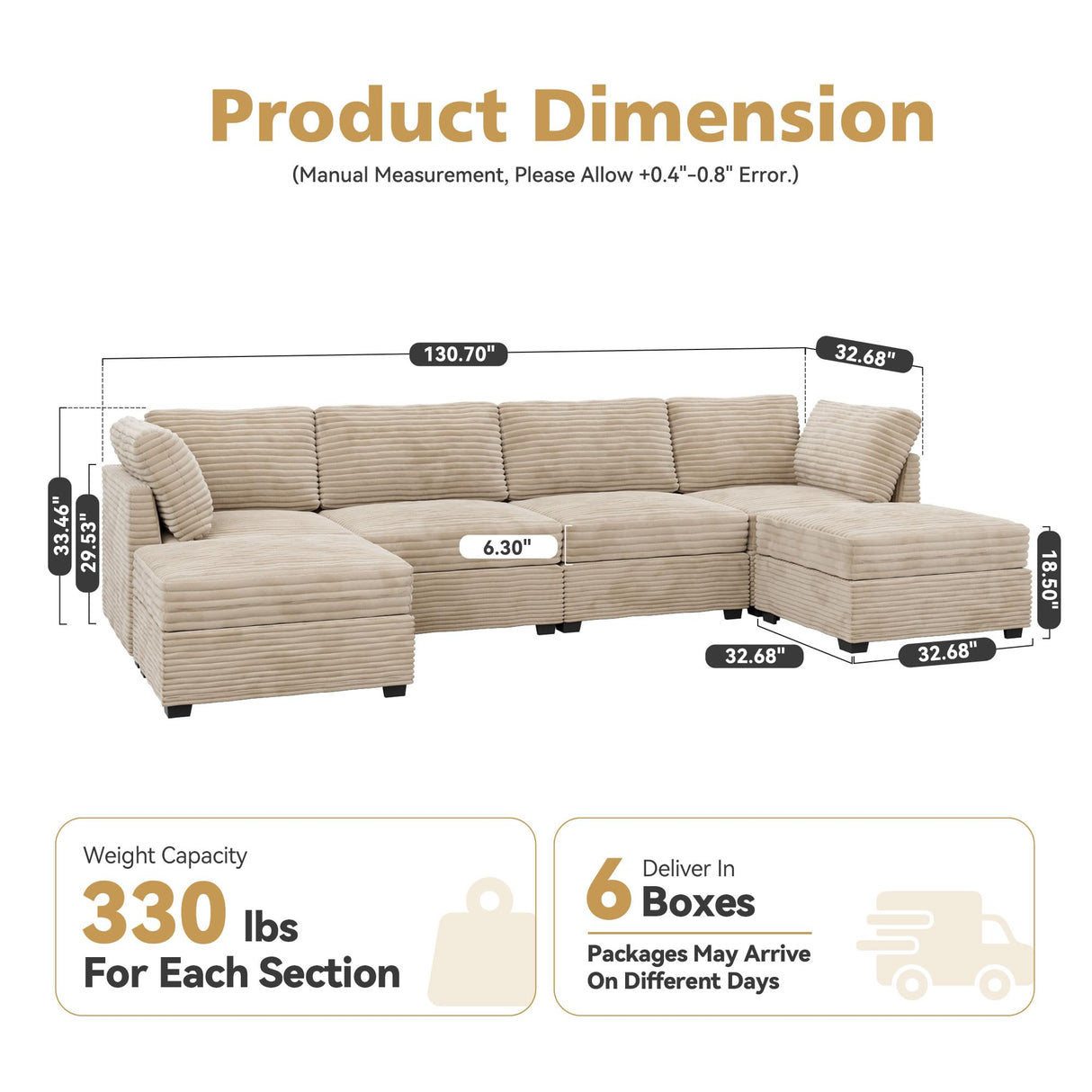 CAODOC Modular Sectional Sofa, 130.7 Inch U Shaped Couch Set for Living Room, 4-Seater Comfy Cloud Couches with Two Movable Ottoman, DIY Combination, Plush Corduroy, Beige CAODOC