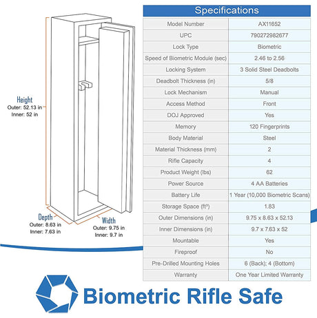 Barska Quick and Easy Access Biometric Rifles, Firearms and Long Guns Safe for Home, Removable Shelf, Optional Silent Mode, 1.83 Cubic Ft BARSKA