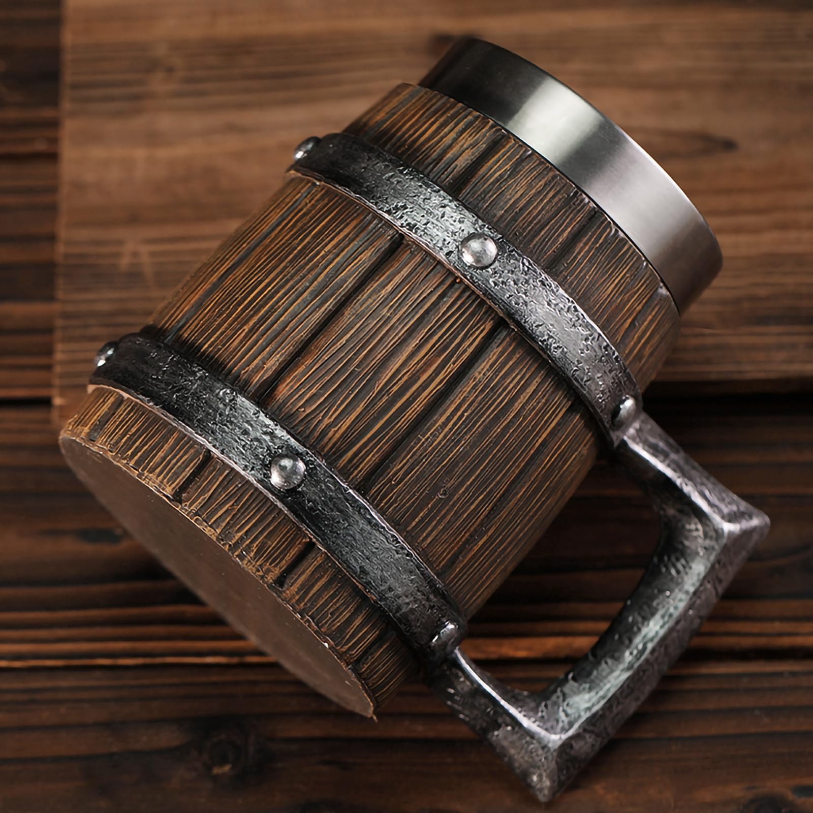 Viking Wooden Barrel Tankard Creative Hand-painted Resin Beer Stein, 304 SS Liner Wine Goblet Coffee Mug Handmade Creative Gift Home Decor, Capacity 20 OZ (Dark brown) - WoodArtSupply