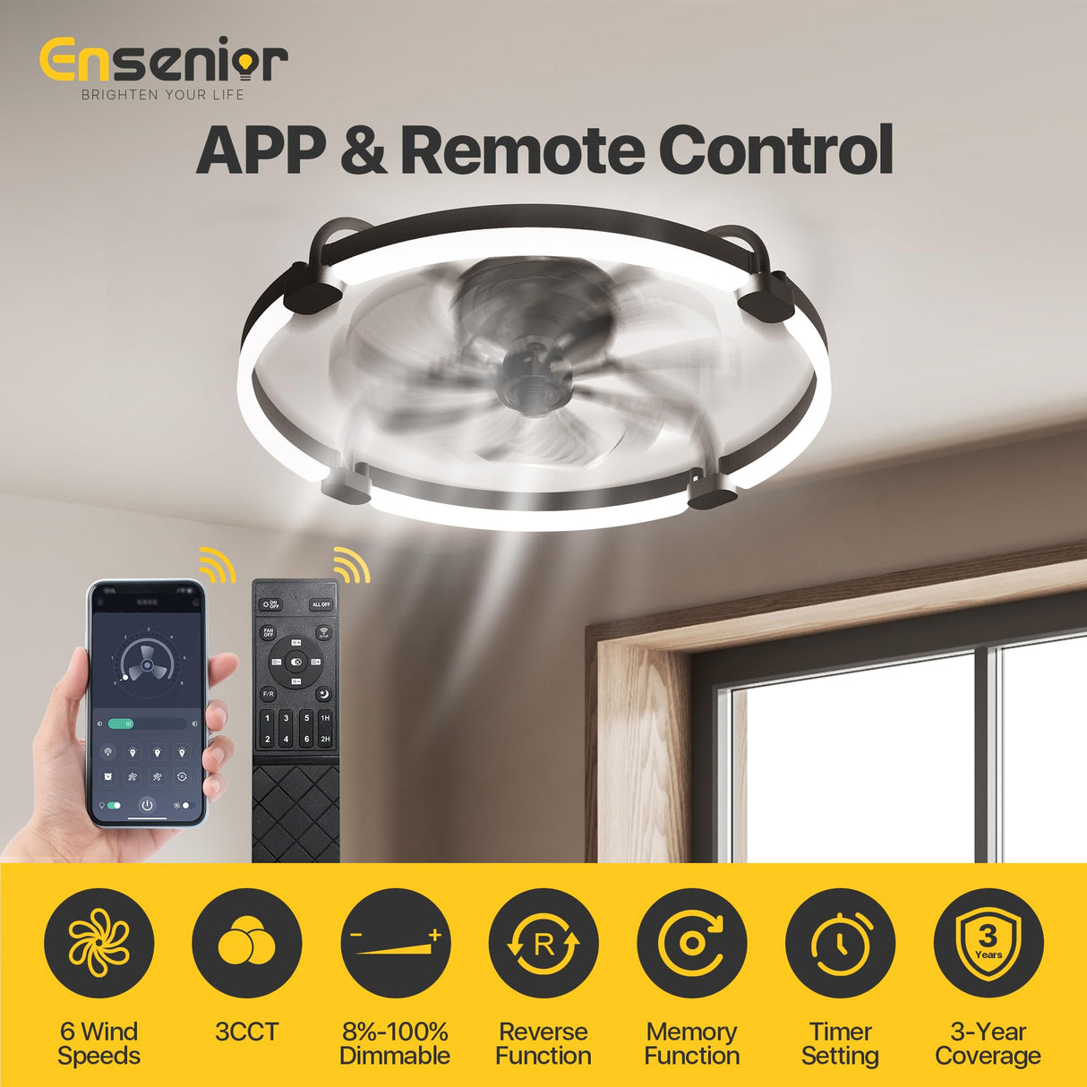 Ensenior 24'' Low Profile Ceiling Fans with Lights and Remote, Fandelier Ceiling Fan Flush Mount, APP Control, 6 Speed & 3000K-6500K Stepless Dimmable Small Ceiling Fan with Light for Bedroom - Black Ensenior