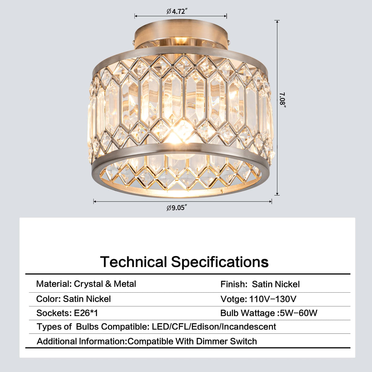 Rpzloila Crystal Ceiling Light Fixture, Modern Semi Flush Mount Ceiling Light,Crystal Chandelier for Kitchen Bedroom Bathroom Entryway Nickel Finish (Bulb not Included) Rpzloila