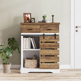 HOSTACK Farmhouse Coffee Bar Cabinet, Sideboard Buffet Cabinet with Drawers and Shelves, Sliding Barn Door Storage Cabinet for Kitchen, Living Room, Dining Room, Entryway, White and Rustic Brown HOSTACK