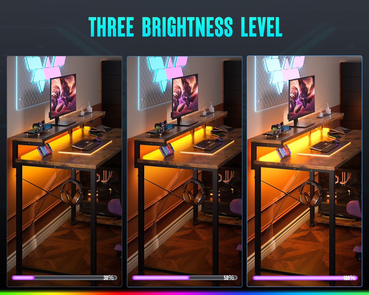 AODK Gaming Desk with LED Lights & Power Outlet, 40 Inch Small Computer Desk with Drawer, Reversible Desk with Adjustable Monitor Shelf & Headphone Hook for Home Office, Rustic Brown AODK