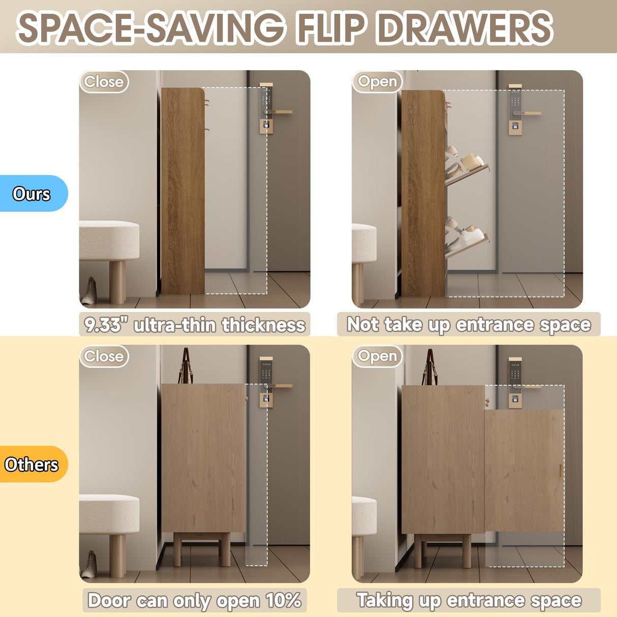 WINWY Rattan Shoe Storage Cabinet with 4 Flip Drawers & 2 Drawers, Freestanding Organizer for Front Door Entrance, Hidden Narrow Shoe Rack Cabinet Storage for Entryway, Rustic Oak Rattan WINWY