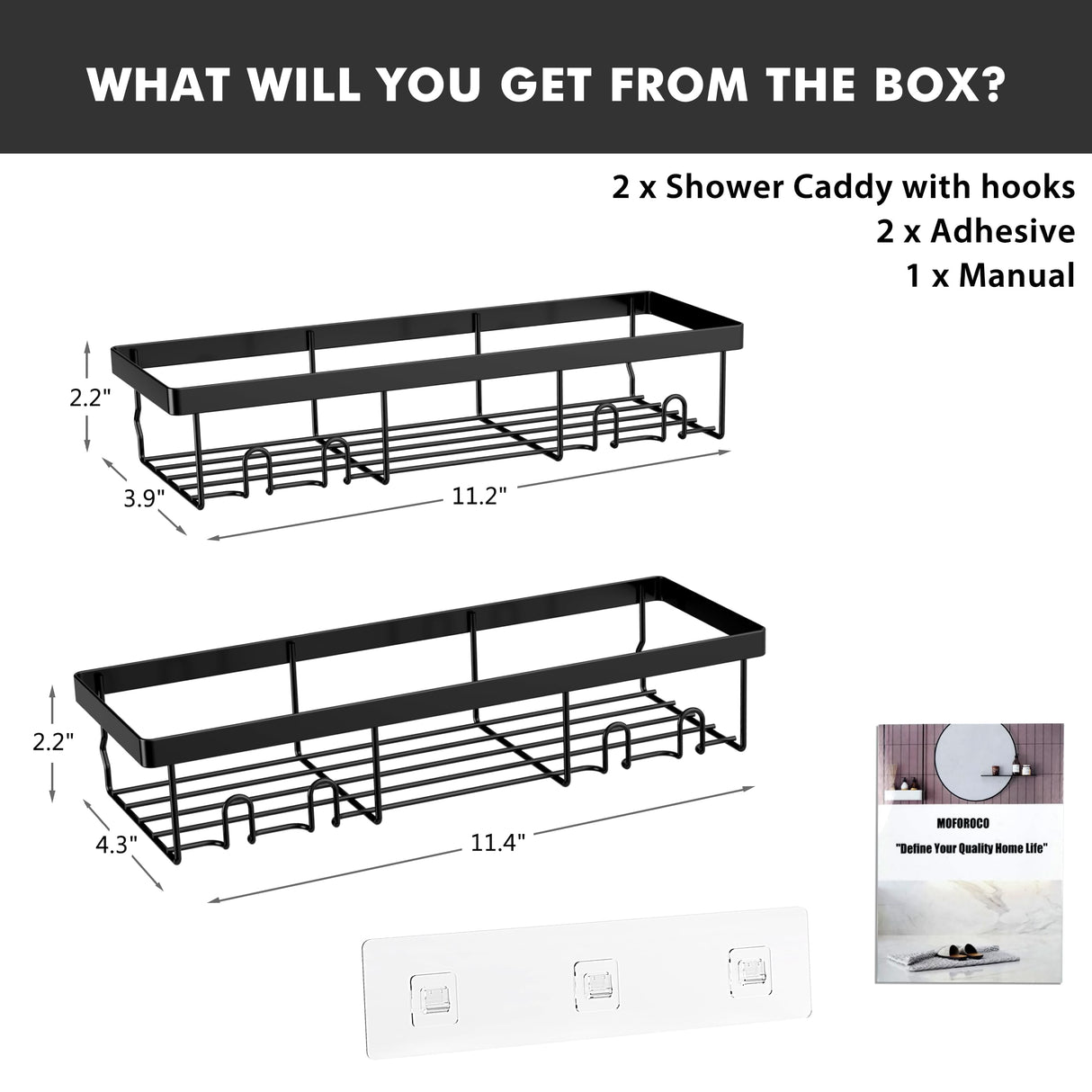 Moforoco Shower Caddy Shelf Organizer Rack, Self Adhesive Black Bathroom Shelves Basket, Home Farmhouse Wall Inside Organization and Storage Decor Rv Accessories, First Camper Apartment Essentials Moforoco