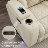 Power Recliner Sofa Set of 3 Pieces with Adjustable Headrest, Wireless Charger for Living Room, Electric Reclining Couch, Faux Leather 3 Seaters and Loveseat and Theater Chair with LED Lights, Beige Comfort Stretch