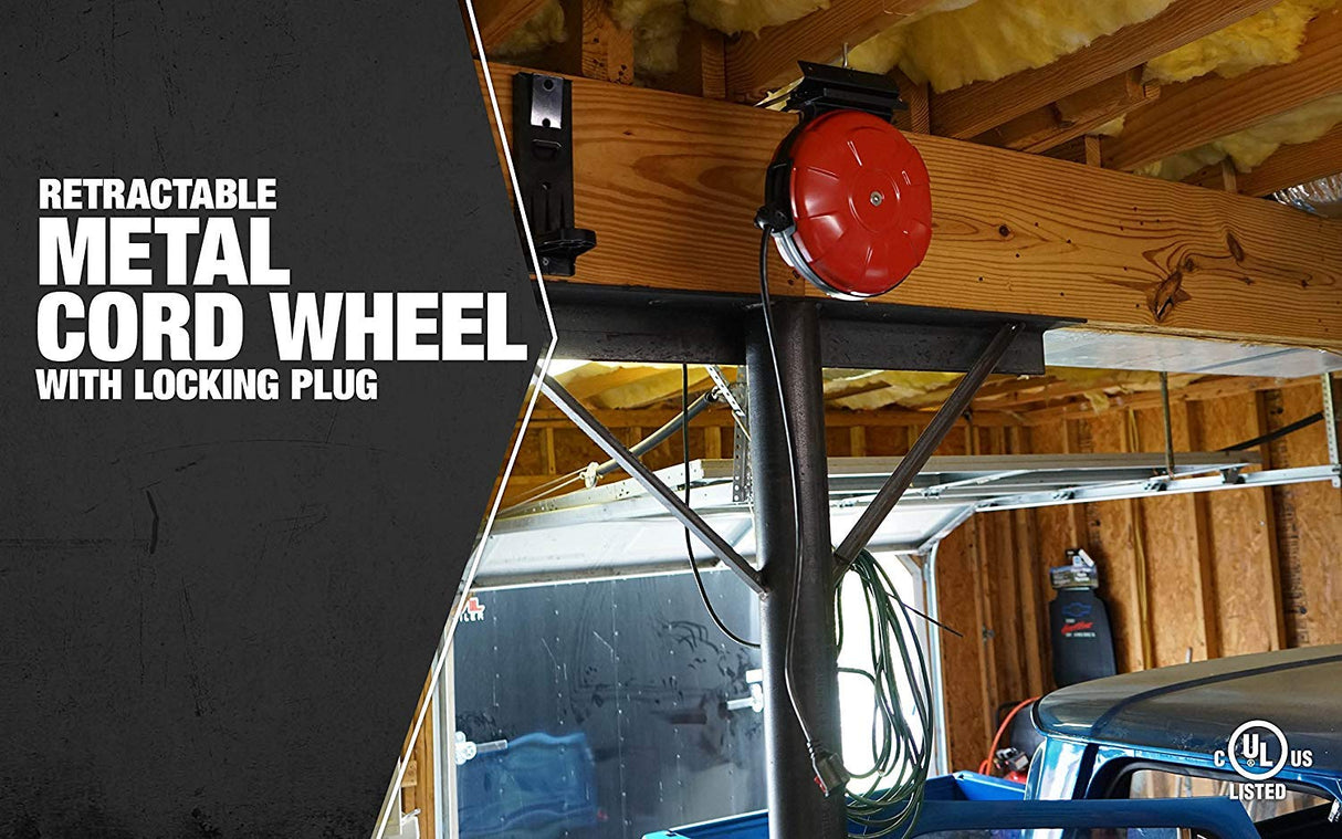 Woods 48004 14/3 SJTW Metal Extension Cord Reel with Locking Plug, Red, Feet, 30 Foot, Orange Woods