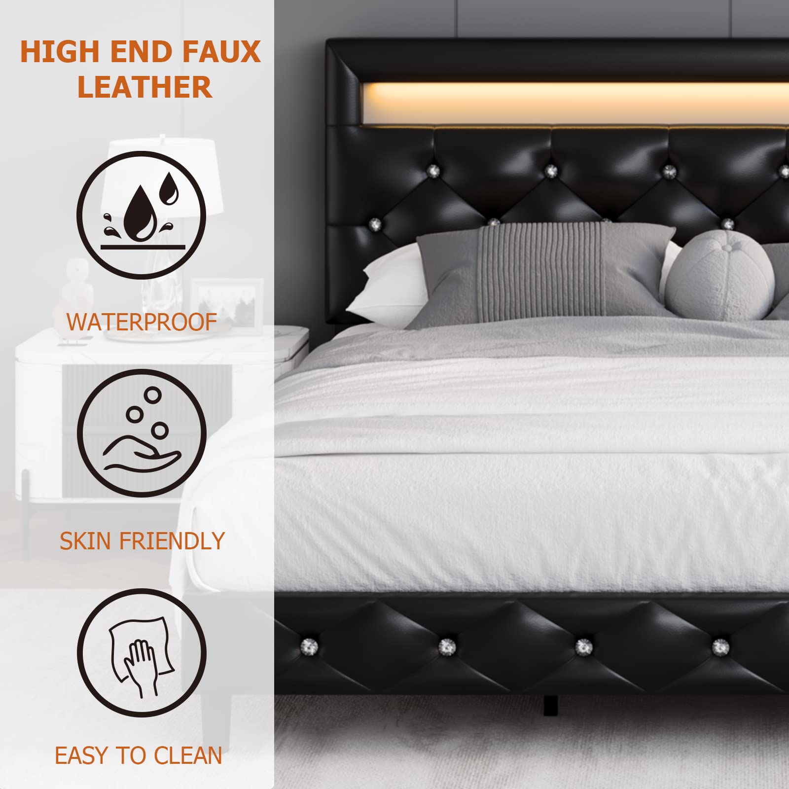 Keyluv Modern Upholstered King Size Bed Frame with LED Lights and Adjustable Crystal Tufted Headboard - WoodArtSupply