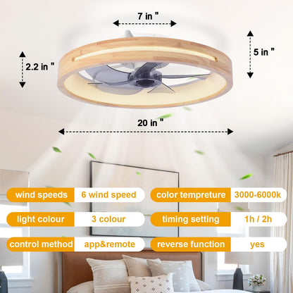 HUOGME Modern Low Profile Ceiling Fans with Lights and Remote, 20" Wooden Flush Mount Reversible Bladeless Ceiling Fans with Light，3000K-6000K Dimmable LED Timing and 6 Wind Speeds - WoodArtSupply