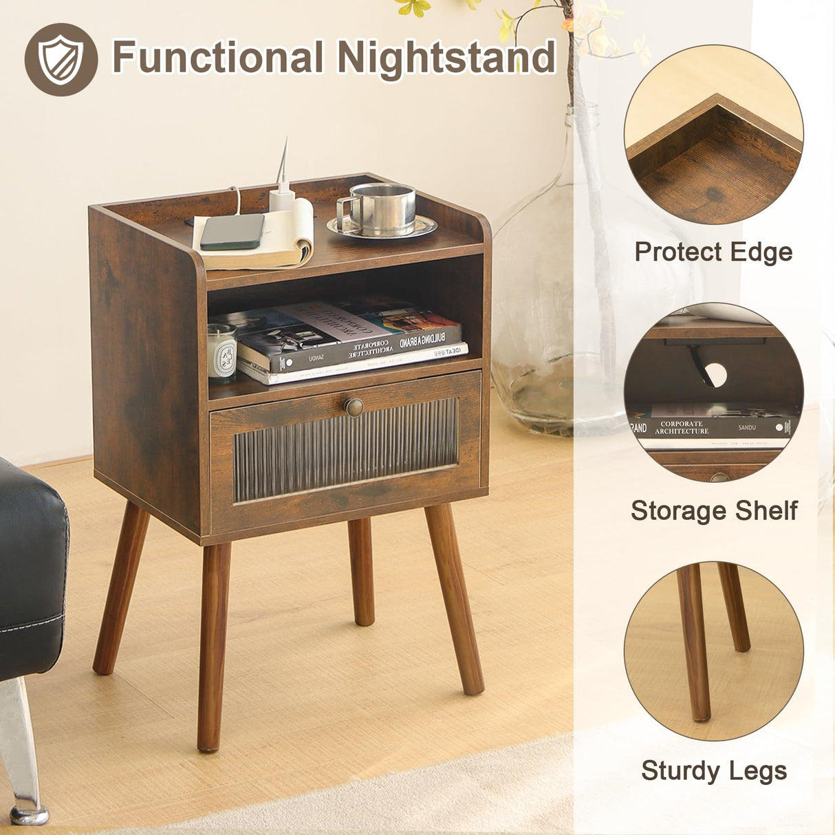 AWASEN Mid Century Night Stand with Charging Station, Wood Bedside Table with Glass Drawer, Small Modern Nightstand End Side Table with 2 Tiers Storage for Bedroom, Office(Rustic Brown) AWASEN
