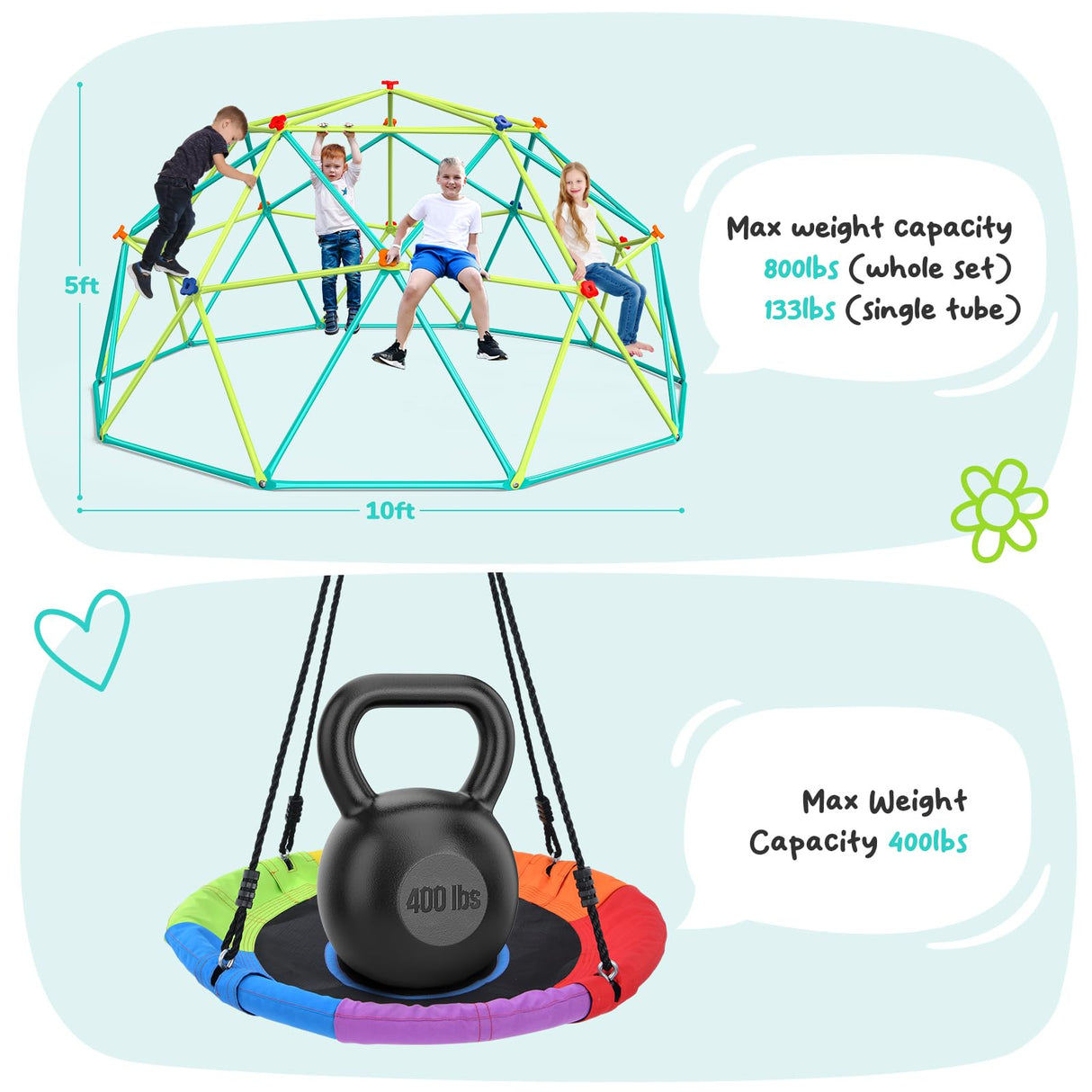 Hapfan 10 ft Climbing Dome Swing Set with Saucer Swing, Jungle Gym for Kids Outdoor Backyard, Supports 800lbs, Easy Asssembly, Rust-Resistant Outdoor Playset for Ages 3-8 8-12 Hapfan
