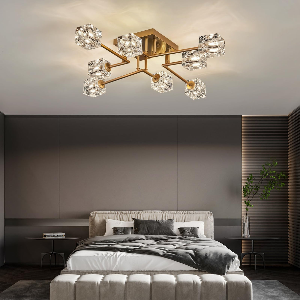 Qgiytp Vintage Gold Semi Flush Mount Ceiling Light 8-Light Glass Sputnik Chandeliers Mid Century Modern Crystal Ceiling Light Fixture for Living Room Dining Room Bedroom Kitchen Foyer Qgiytp