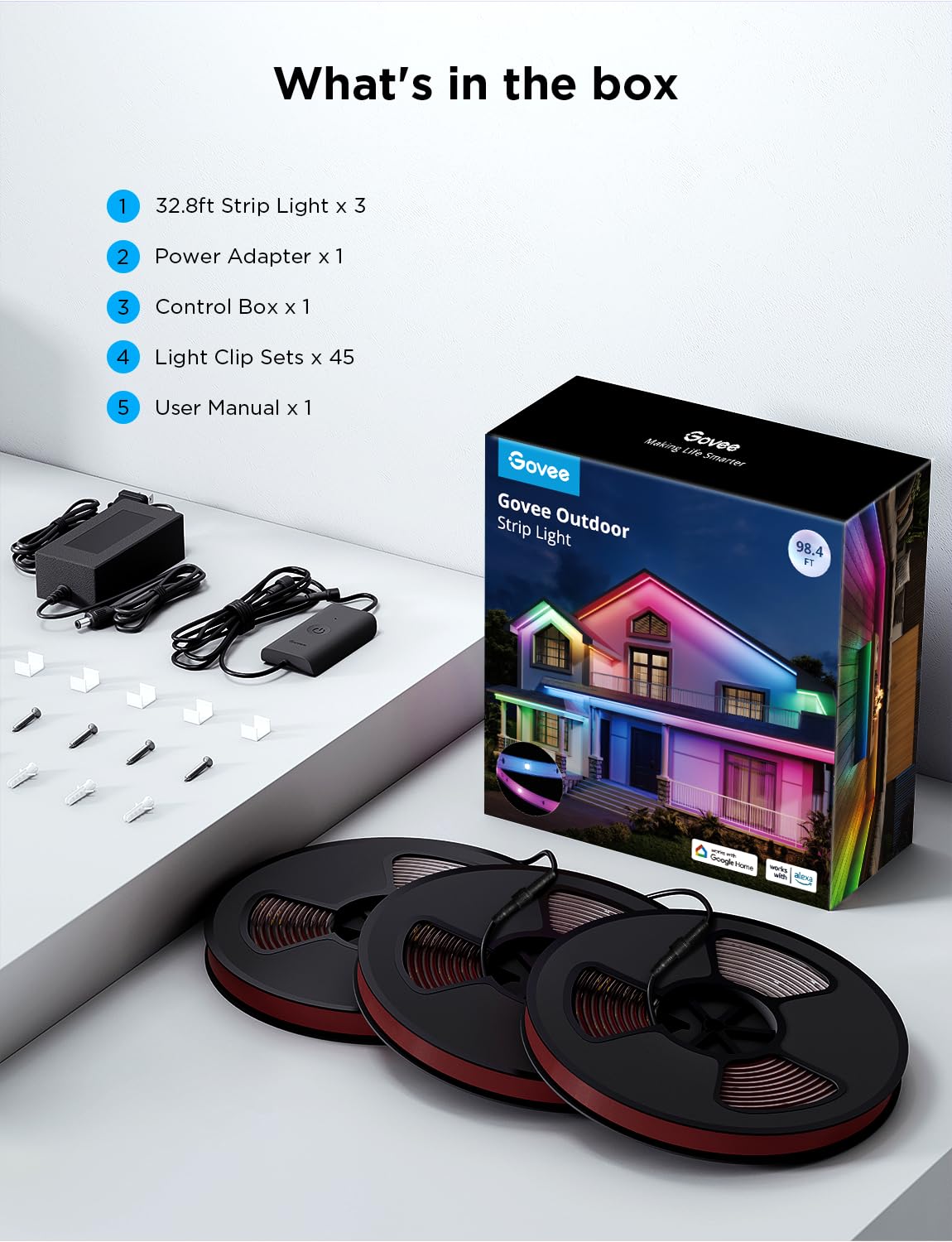 Govee Outdoor LED Strip Lights, 98.4ft Smart Outdoor Lights Work with Alexa and Google Assistant, App Control, IP65 Waterproof, RGBIC Lights for Patio, Eave, Party Decorations Govee