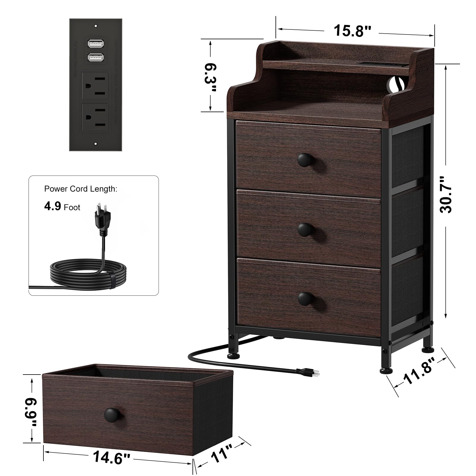 REAHOME Nightstand with Charging Station and LED Light, Tall Brown Night Stand with 3 Drawers and 2-Tier Shelf, Bedside Table with Sturdy Steel Frame Wood Top for Bedroom, Living Room - Brown - WoodArtSupply