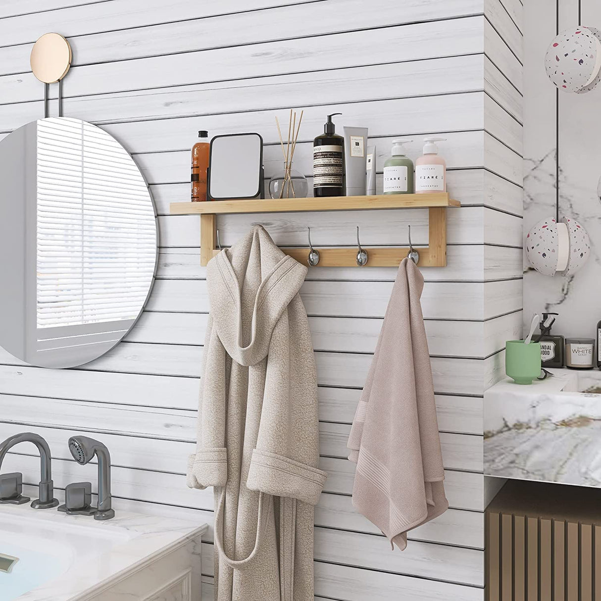 SMIBUY Coat Hooks with Shelf Wall-Mounted, 29.2 Inch Entryway Coat Rack for Wall, Bamboo Hanging Shelf with 5 Double Metal Hooks for Bathroom, Bedroom, Kitchen, Living Room, Mudroom (Natural) SMIBUY