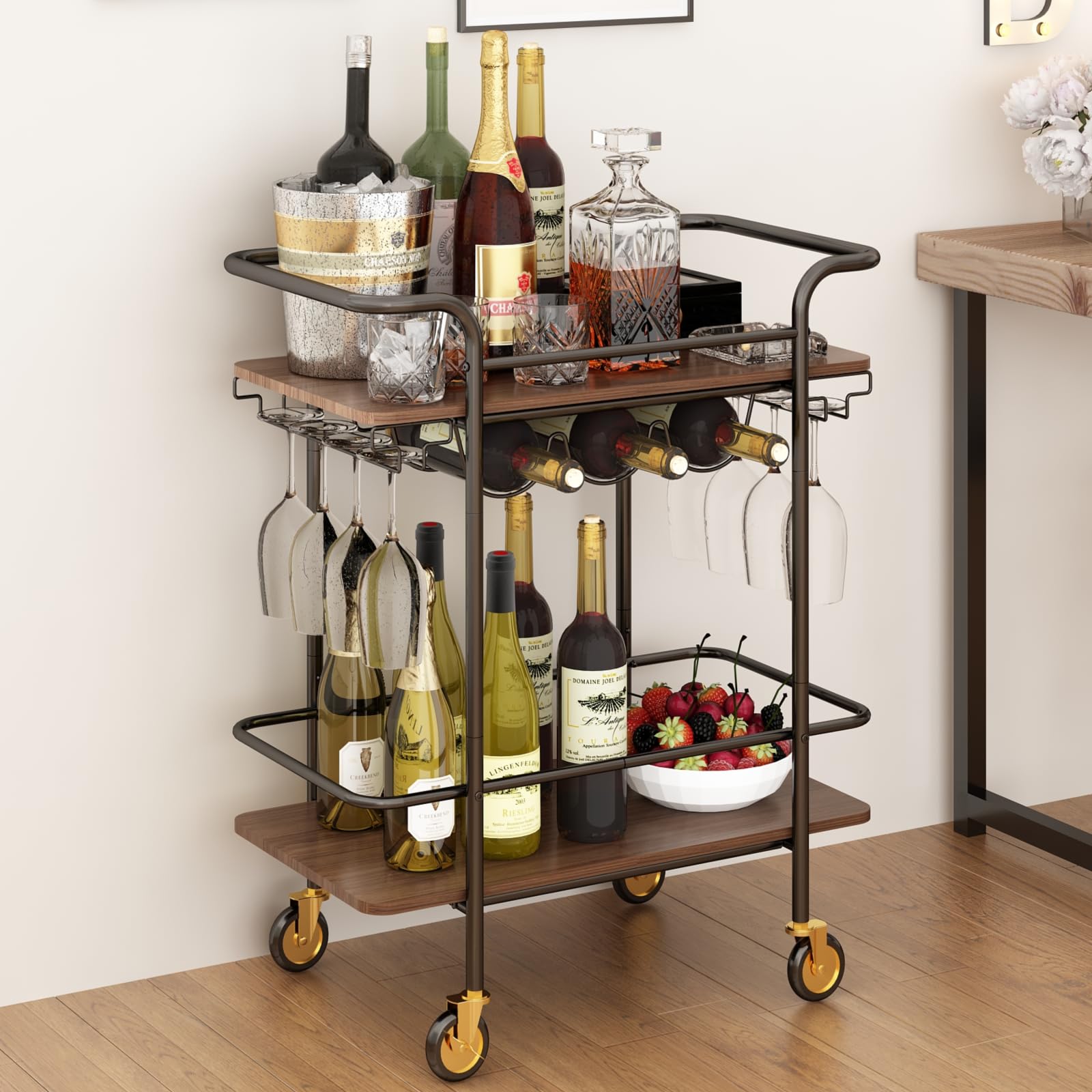 Wisdom Star 2 Tier Bar Cart with Wheels, Serving Cart with Wheels and 2 Handle, Outdoor Bar Cart for The Home with Wine Rack and Glass Holder, Kitchen Serving Cart for Home, Dining Room, Part - WoodArtSupply