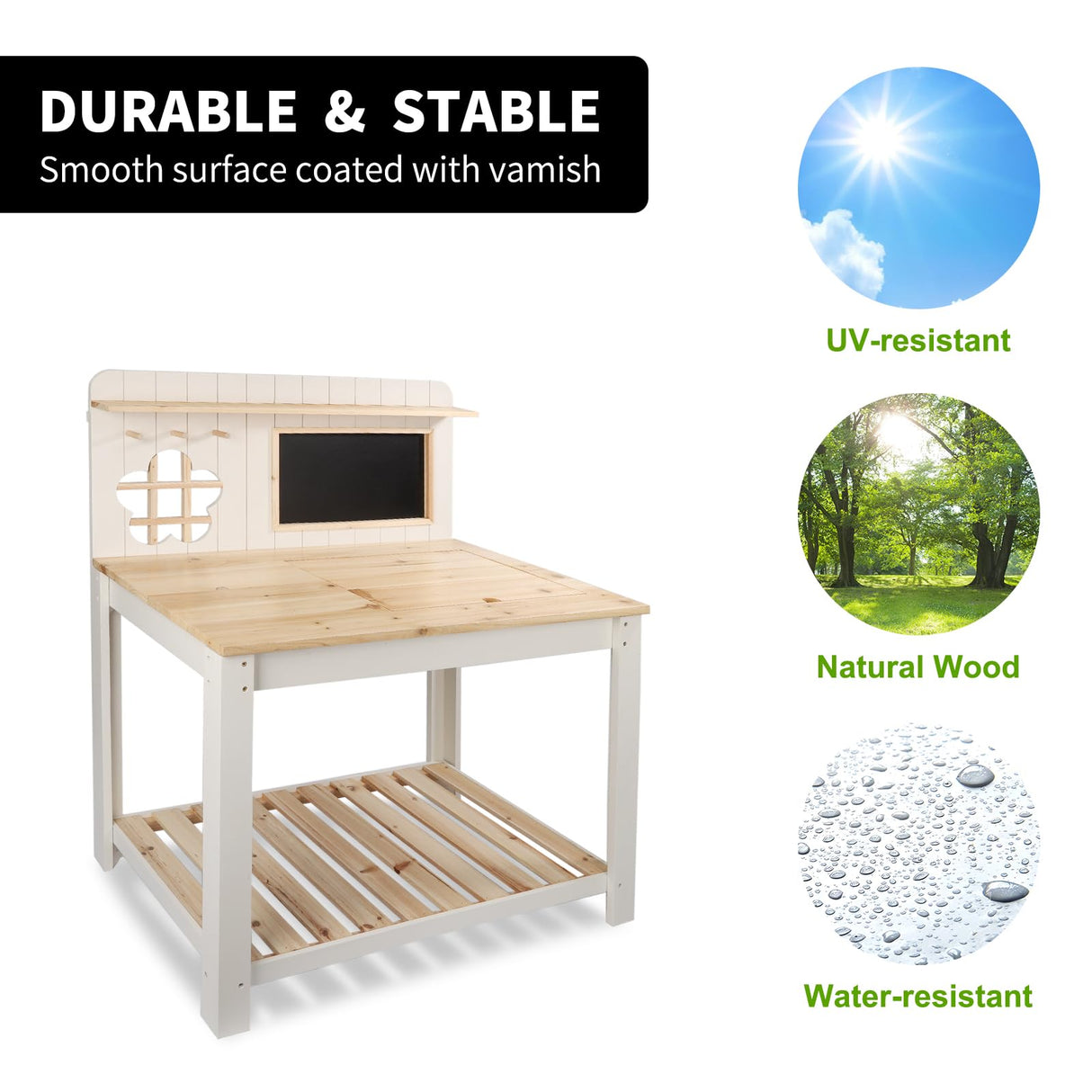 GROWRKS Potting Bench Outdoor Potting Table—All-Weather Kids Solid Wood Garden Work Station with Sink、Drawing Board、Shelves, Weather Proof（Natural, Large） GROWRKS