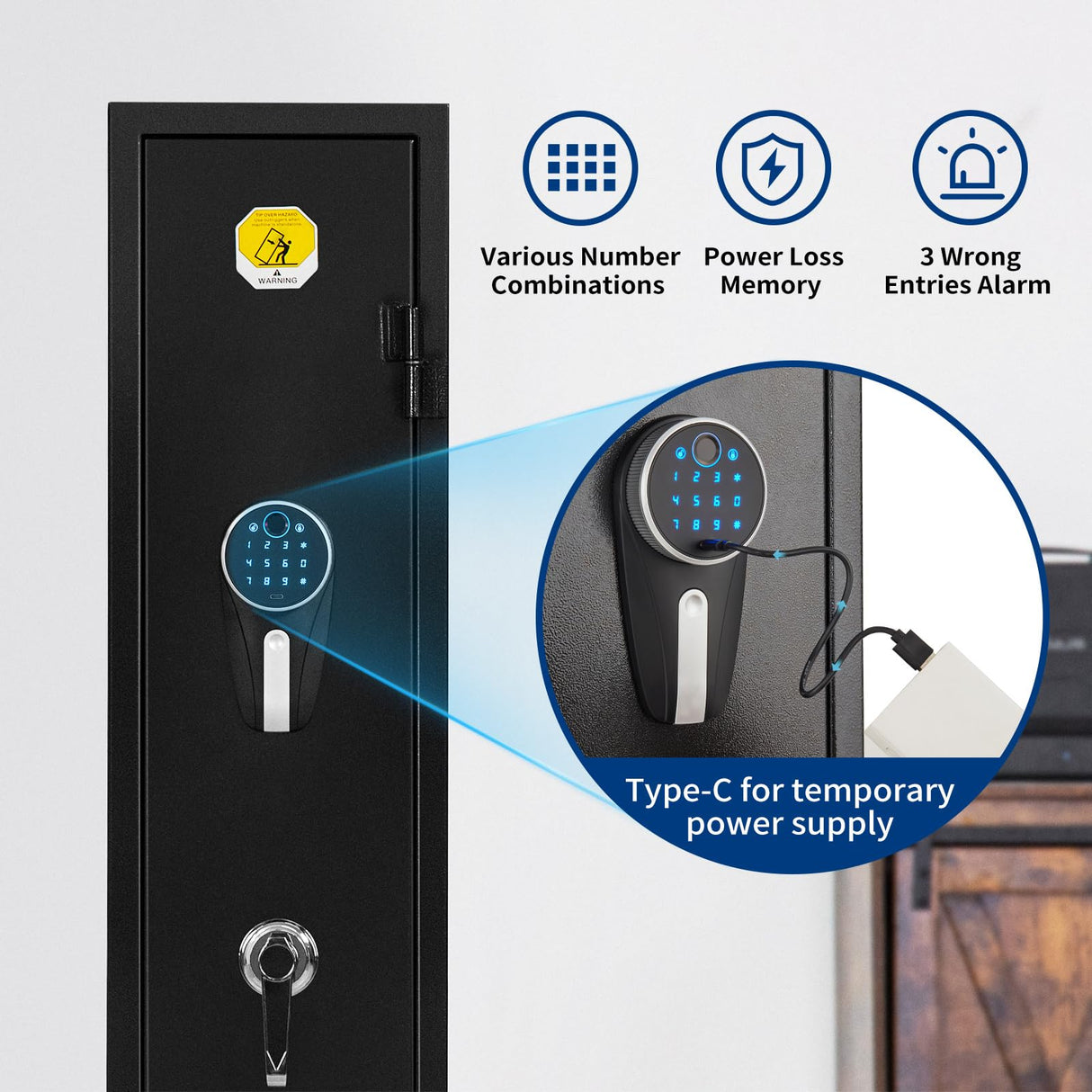 BlackSmith 3 Rifle Gun Safe for Home Rifles and Pistol Long Gun Safe 0.1s Quick Access Fingerprint Recognition Handgun Safe Keypad Wall Mount Gun Cabinet with Pistol Rack Pockets Ammo Storage BlackSmith