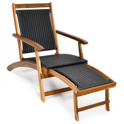 Tangkula Acacia Wood Folding Chaise Lounge Chair, Patiojoy Outdoor Foldable Deck Chair, Portable Wicker Lounger with Retractable Footrest, Collapsible Armchair Ideal for Garden, Poolside, Courtyard