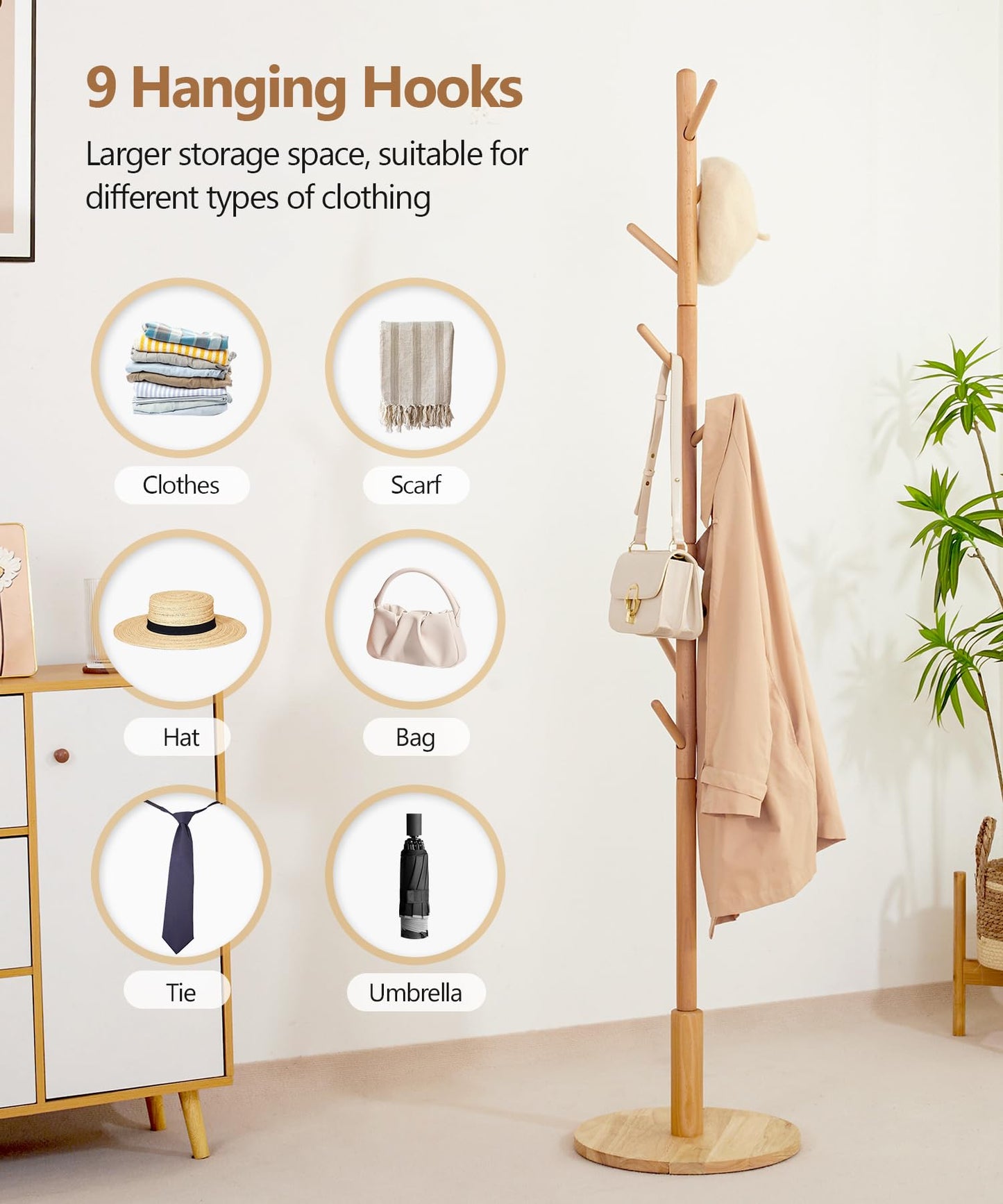 Cozivolife Solid Wood Coat Rack Stand with 9 Hooks, 3 Height Adjustable, Freestanding Coat Tree Hanger for Clothes, Hats, Scarves, bags, Bedroom, Office, Entryway