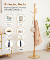 Cozivolife Solid Wood Coat Rack Stand with 9 Hooks, 3 Height Adjustable, Freestanding Coat Tree Hanger for Clothes, Hats, Scarves, bags, Bedroom, Office, Entryway Cozivolife
