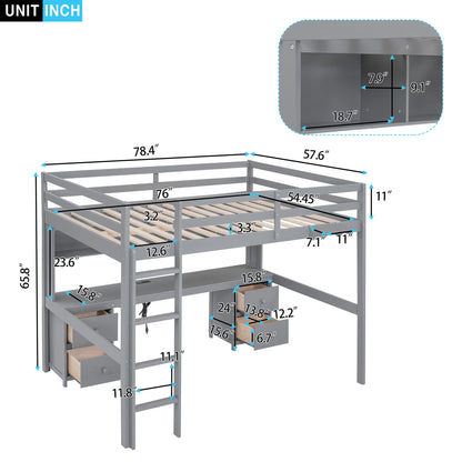 Full Size Loft Bed with Desk, Storage, Charging Station and Safety Features in Grey - WoodArtSupply