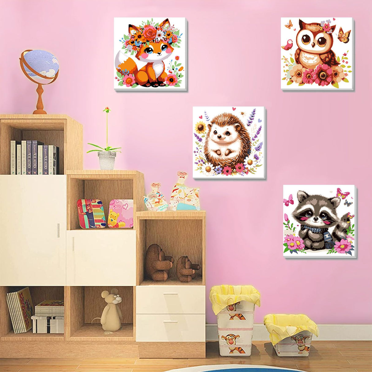 4 Pack Animal Paint by Number for Kids with Wooden Frame, Paint by Numbers for Kids Animals Ages 4-8-12, Easy Owl Fox Hedgehog Raccoon DIY Acrylic Oil Painting Kits for Home Wall Decor (8X8 inch) xackcme