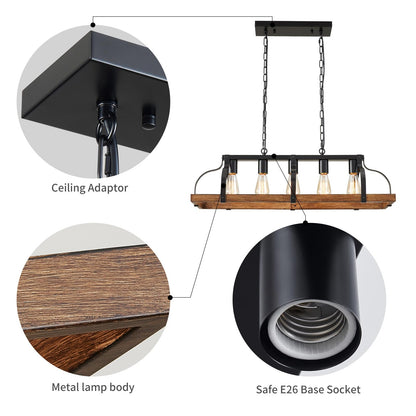 WUZUPS 5-Light Metal Chandelier Imitation Wood Grain Linear Pendant Ceiling Lighting Rustic Farmhouse Fixture Kitchen Island Dining Room, H 8.5" L 31.5" W10, E26 Base, Black & Retro Wood