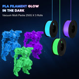 FAHKNS 3D Printer Filament PLA Glow in The Dark 1.75mm 3-D Printing Materials 3 Colors Bundle Print Filimate 1.75 mm Green Blue Purple Filiment Accuracy ±0.05mm Spool Vacuum Pack 250G Rolls Fillament FAHKNS