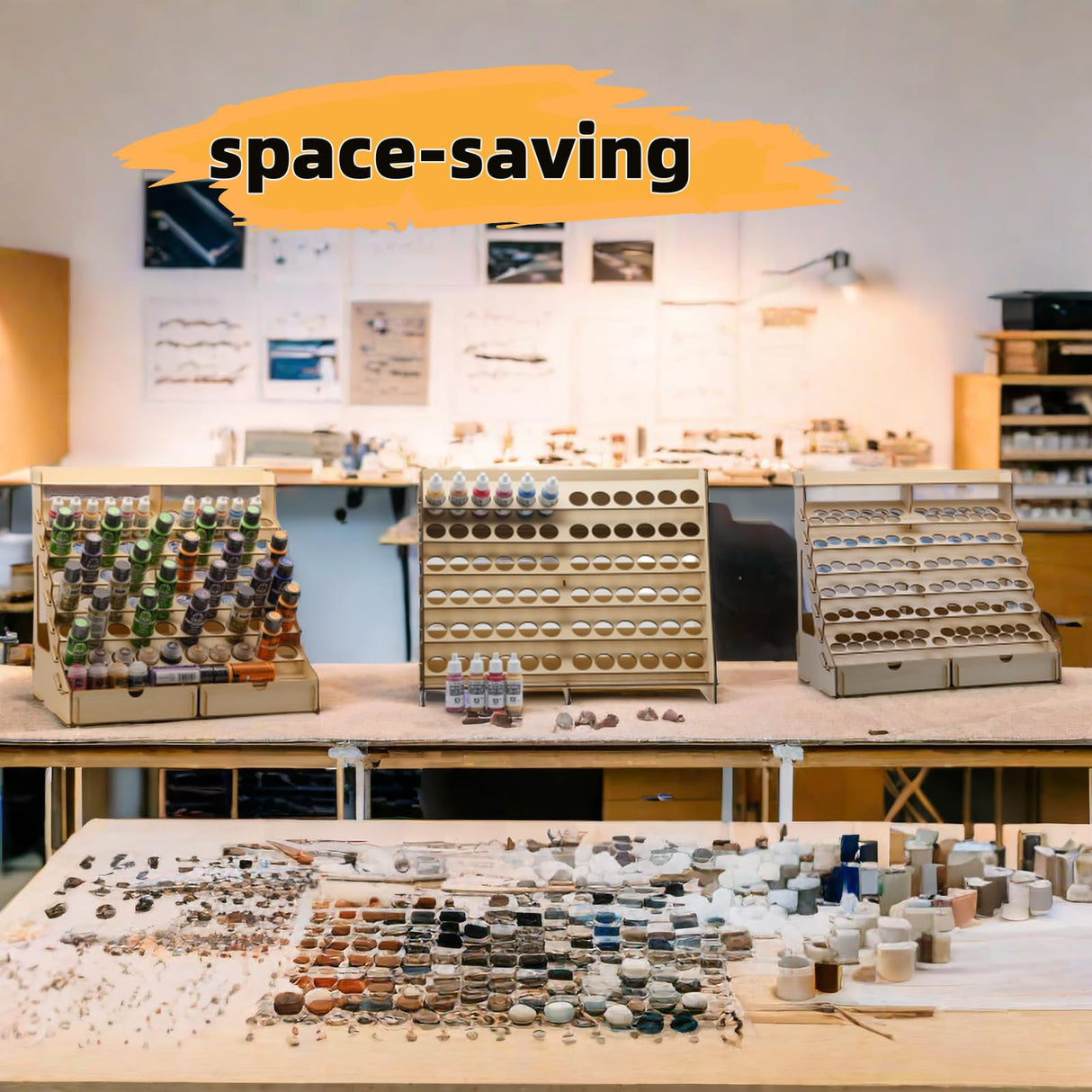 Craft Paint Storage-Modular Paint Organizer - Holds 74 Bottles of Paints, 14 Brushes, 2 Cabinets, and 6 Miniature Stands - Art Tool Storage Rack for Miniature Paint Set Sokipa