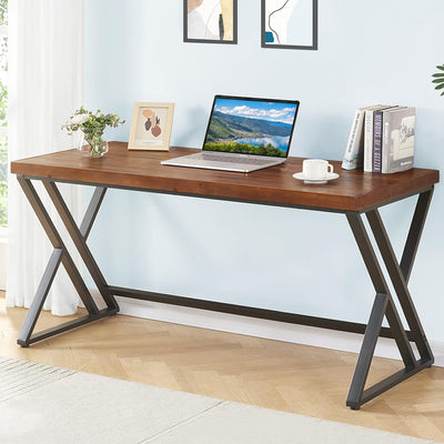 FurniChoi Real Wood Computer Desk, Modern Natural Wood Home Office Desk, Rustic Solid Wood Work Study Writing Desk, Farmhouse Workstation PC Gaming Executive Table for Bedroom, Brown, 47 inch