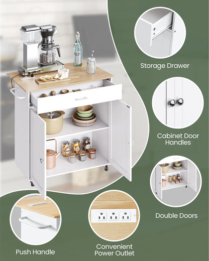 CHOEZON Kitchen Island Cart with Folding Breakfast Bar, Kitchen Island Table with Charging Station, Rolling Island Cart for Kitchen, Kitchen Table with Cabinet, White and Natural MZD01UWN