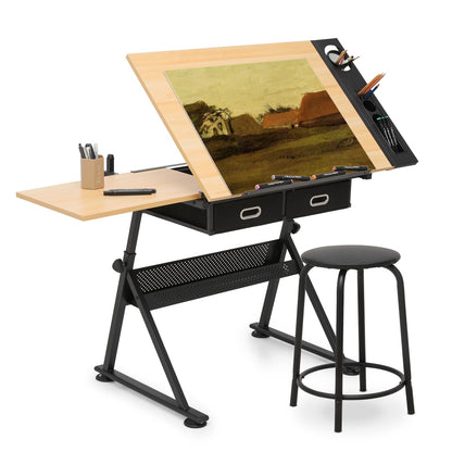 Athena Collection Drafting Table for Artists, Height Adjustable Drawing Table, Dual Desktop Art Desk Metal Frame Art Table Tiltable Craft Desk Paintings Work Station with Stool and Drawers, Natural