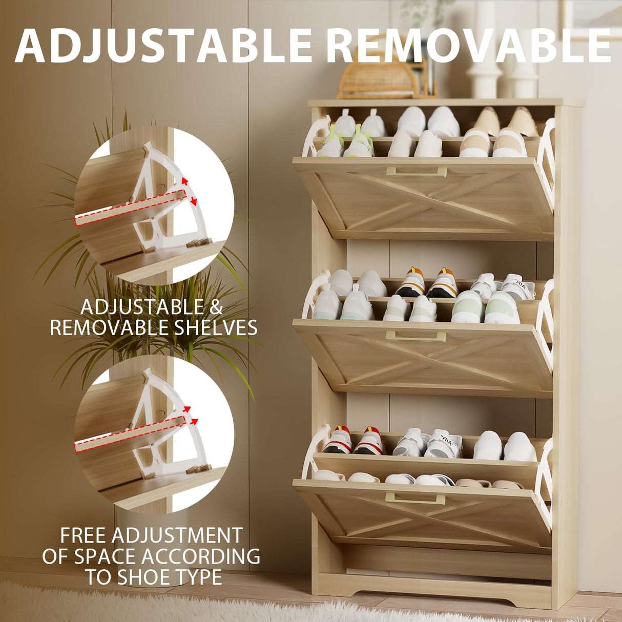 ROMMAK Shoe Cabinet for Entryway with 3 Flip Drawers, 3 Tier Freestanding, Slim Narrow Shoe Organizer Cabinet for Entryway, Hallway, Living Room (Natural Wood) ROMMAK