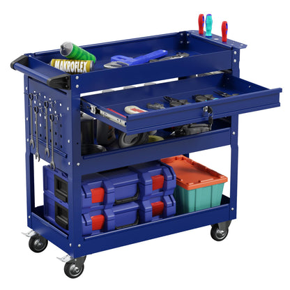 3-Tier Heavy Duty Utility Cart on Wheels, Rolling Tool Cart on Wheels with a Drawer, 350 Lbs Load Capacity Rolling Tool Storage Organizer for Garage, Warehouse and Repair Shop(Dark Blue)