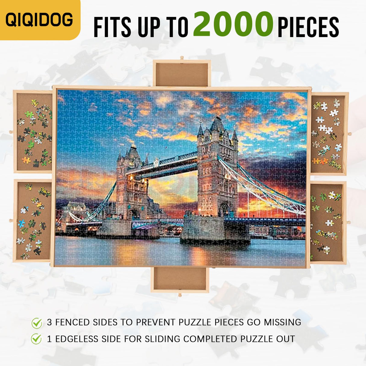 Qiqidog 2000 Pieces Puzzle Board with 6 Drawers and Cover, 29"x41" Wooden Jigsaw Puzzle Table for Adults, Portable Puzzle Organizer & Storage System, Birthday Gift for Mom Qiqidog
