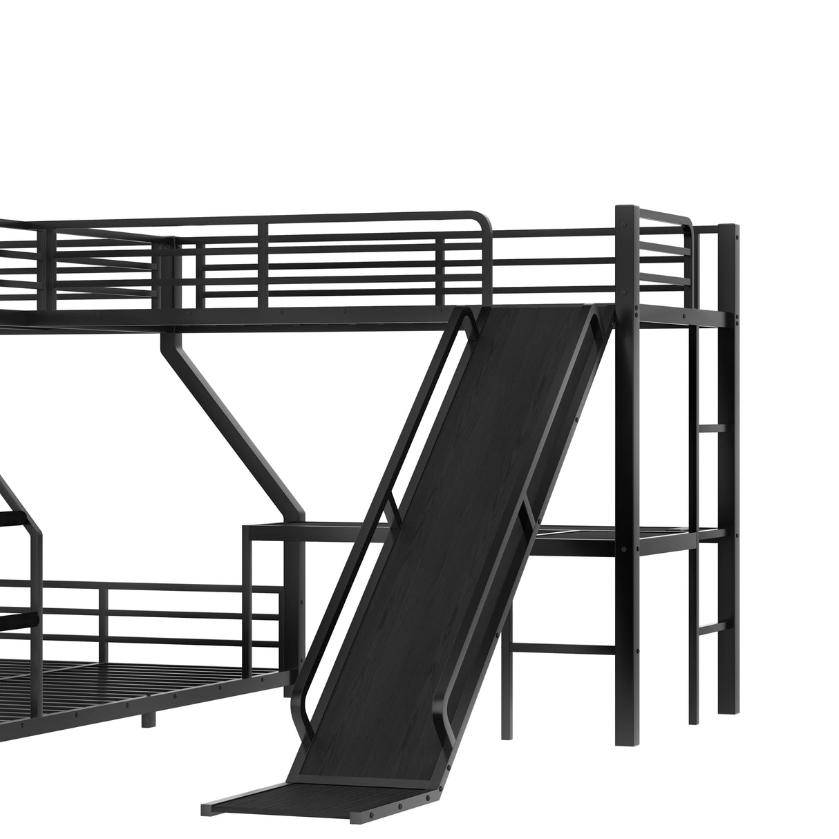Triple Bunk Beds, L-Shape Twin XL Over Queen Bunk Bed Attached a Loft Bed with Desk, Triple Bunk Bed with Slide and USB Ports, Metal Corner Bunkbed Frame for Three Kids Boys Girls Teens, Metal Black Bellemave